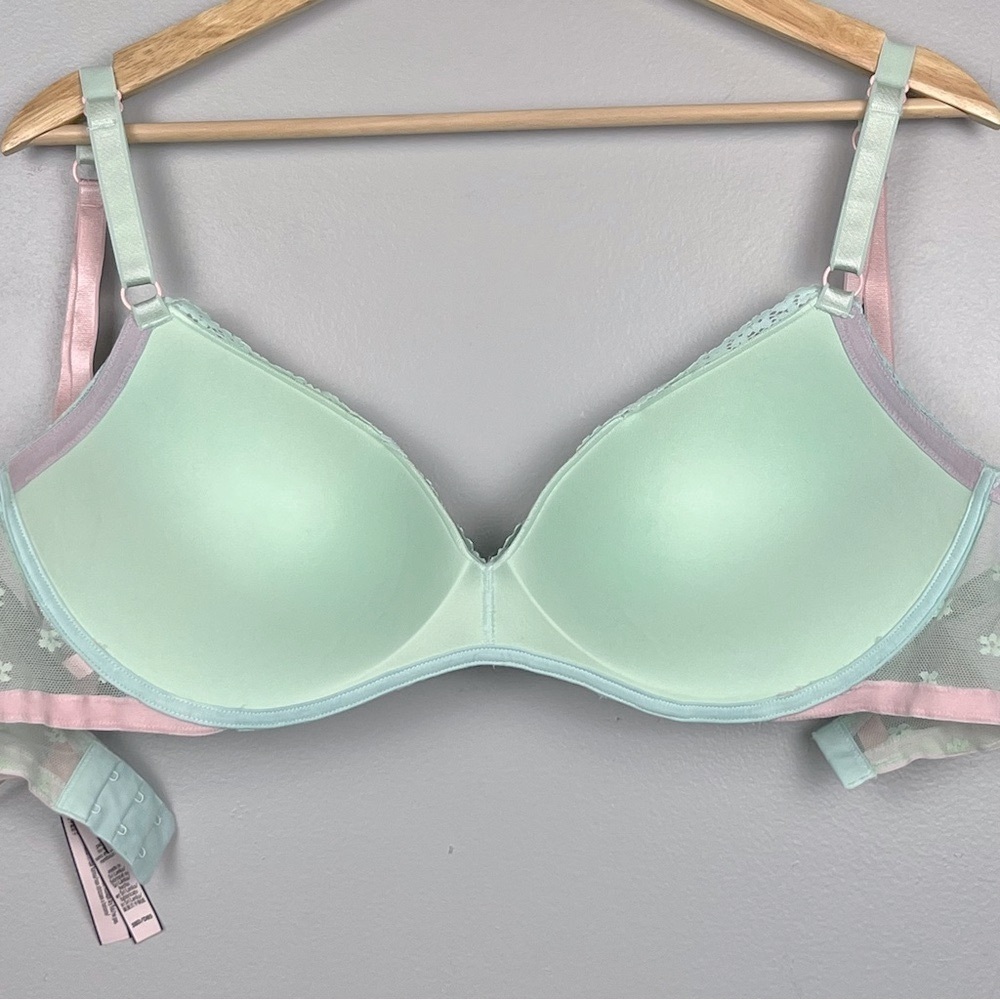 Victoria’s Secret green & pink floral mesh lace overlay padded no wire bra, 38D. - Picture 3 of 8